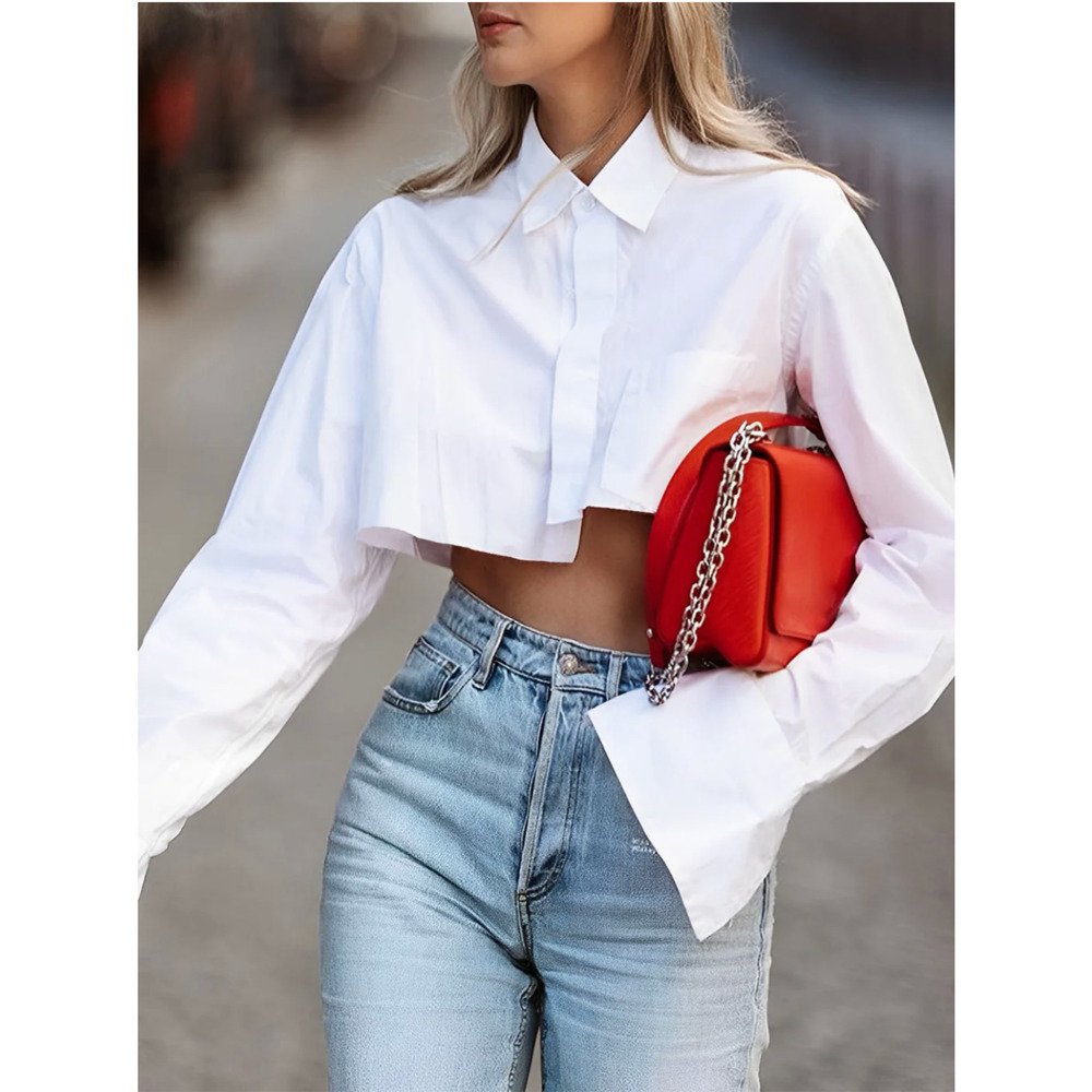 Commense White Cropped Button-Down Blouse